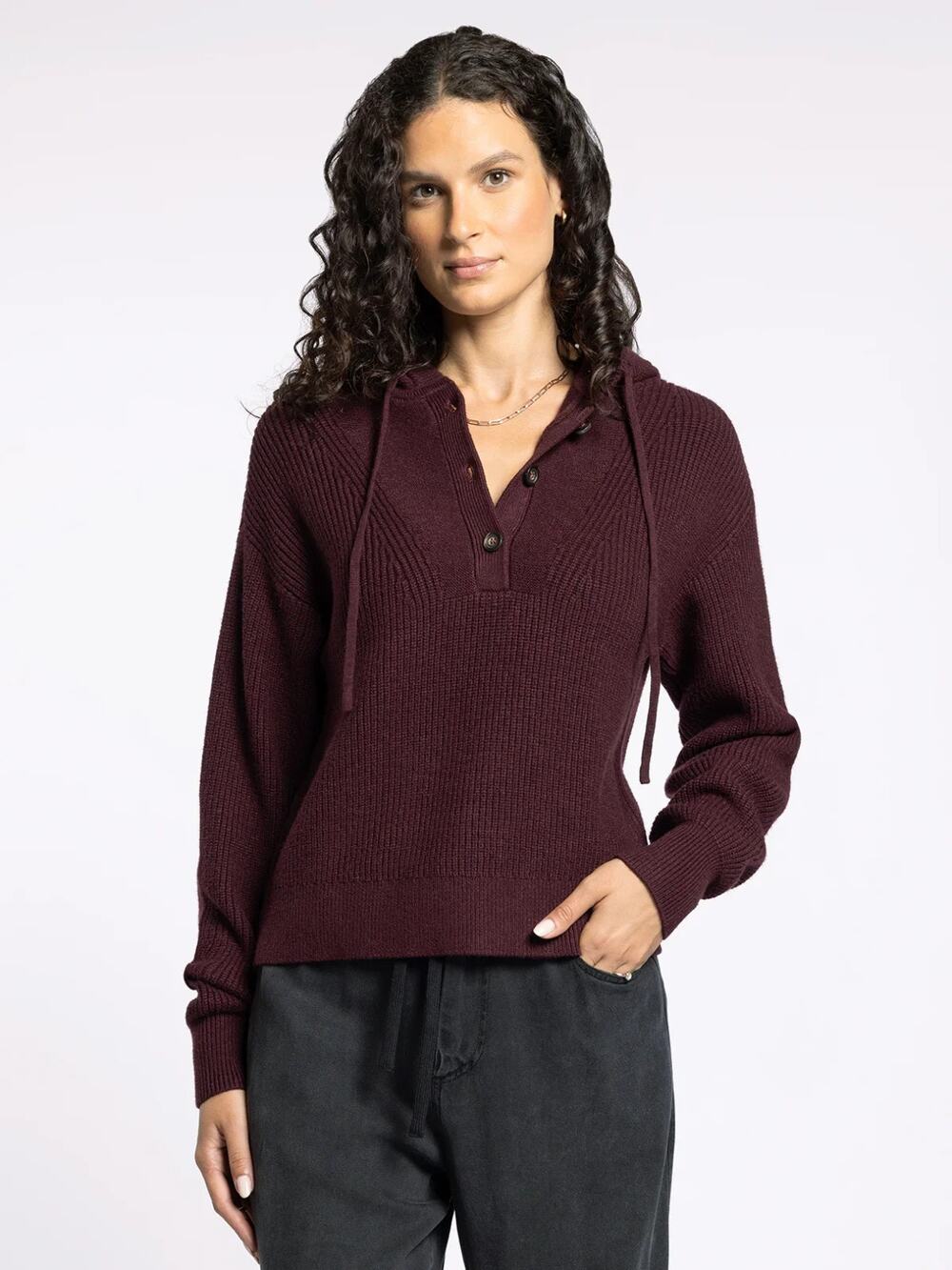 NEW Thread & Supply Dolly Zinfandel Maroon Red Ribbed Hoodie Sweater Size S